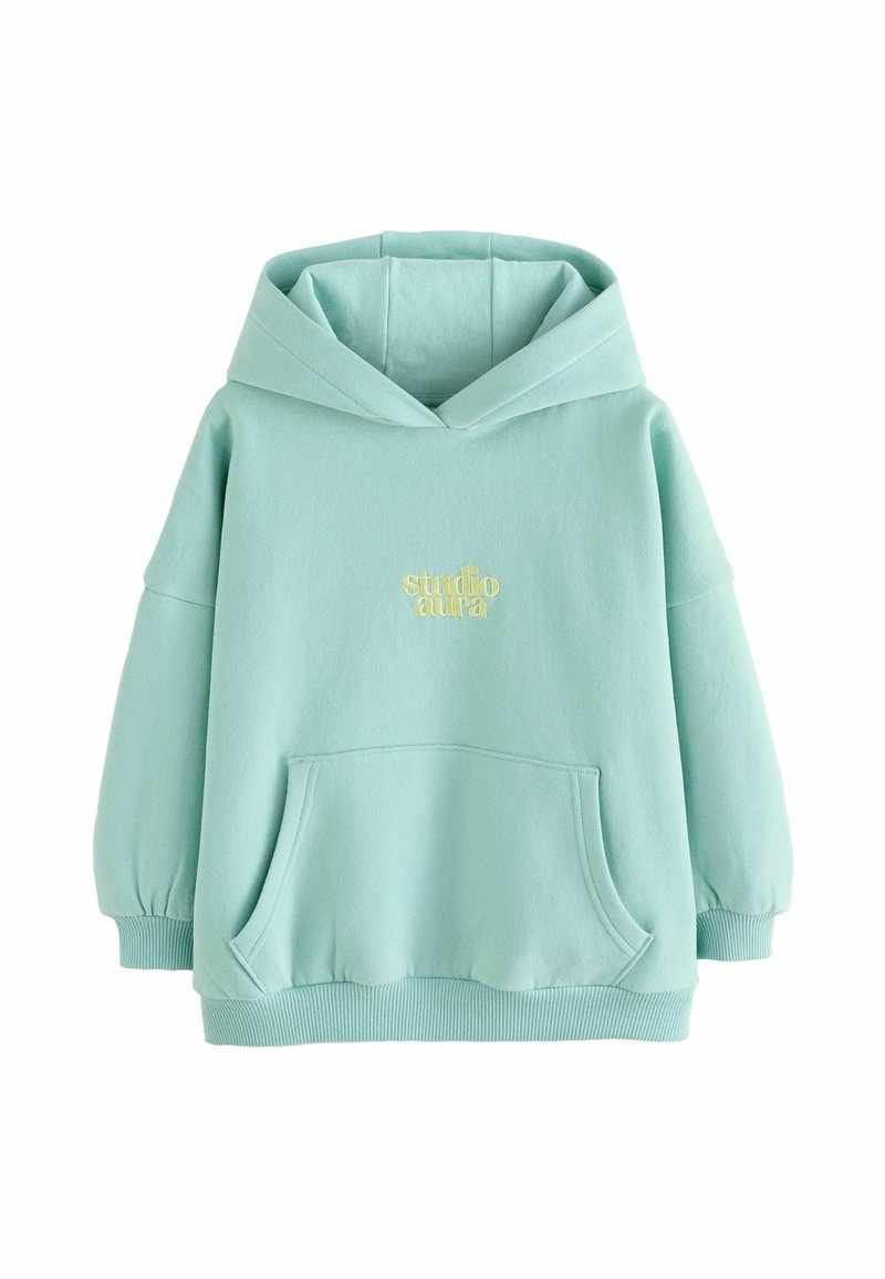 Mint zaļš kapuce, izgatavota no mīkstas auduma, ar priekšējo kabatu, ribotu piedurkņu un izšūtu "studio aura" logotipu dzeltenā krāsā.