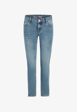 Lichtblauwe slim-fit jeans met knoop- en ritssluiting aan de voorkant, ontwerp met vijf zakken en "Buena Vista" label aan de binnenkant van de tailleband.