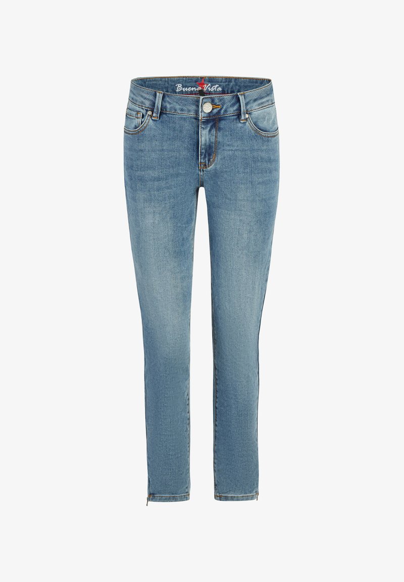 Lichtblauwe slim-fit jeans met knoop- en ritssluiting aan de voorkant, ontwerp met vijf zakken en "Buena Vista" label aan de binnenkant van de tailleband.