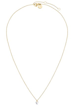 Gouden ketting met een fijne schakel, voorzien van een hartvormige heldere edelsteen hanger. Sluiting met een cirkelvormig charme-detail.