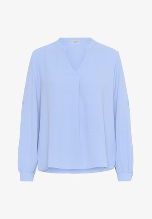 Jasnoniebieska bluzka z długim rękawem, z dekoltem w serek, z plisami i zgromadzonymi mankietami. Wykonana z miękkiego, teksturowanego materiału. Luźny krój.