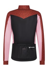 Långärmad cykeljacka i svart, rosa och rostfärg med prickiga detaljer, hög krage och en dragkedjeförsedd bakficka.