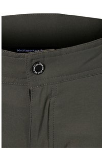 Multisportbyxor i mörkgrön tyg, med knappstängning, synlig sömnad och framfalsning för funktionell design.
