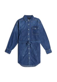 Τζιν φορεμάκι σε σκούρο μπλε, με γιακά πουκαμίσου, μπροστινούς κουμπιά, μακριά μανίκια και ζώνη στη μέση με μία θήκη στο στήθος.