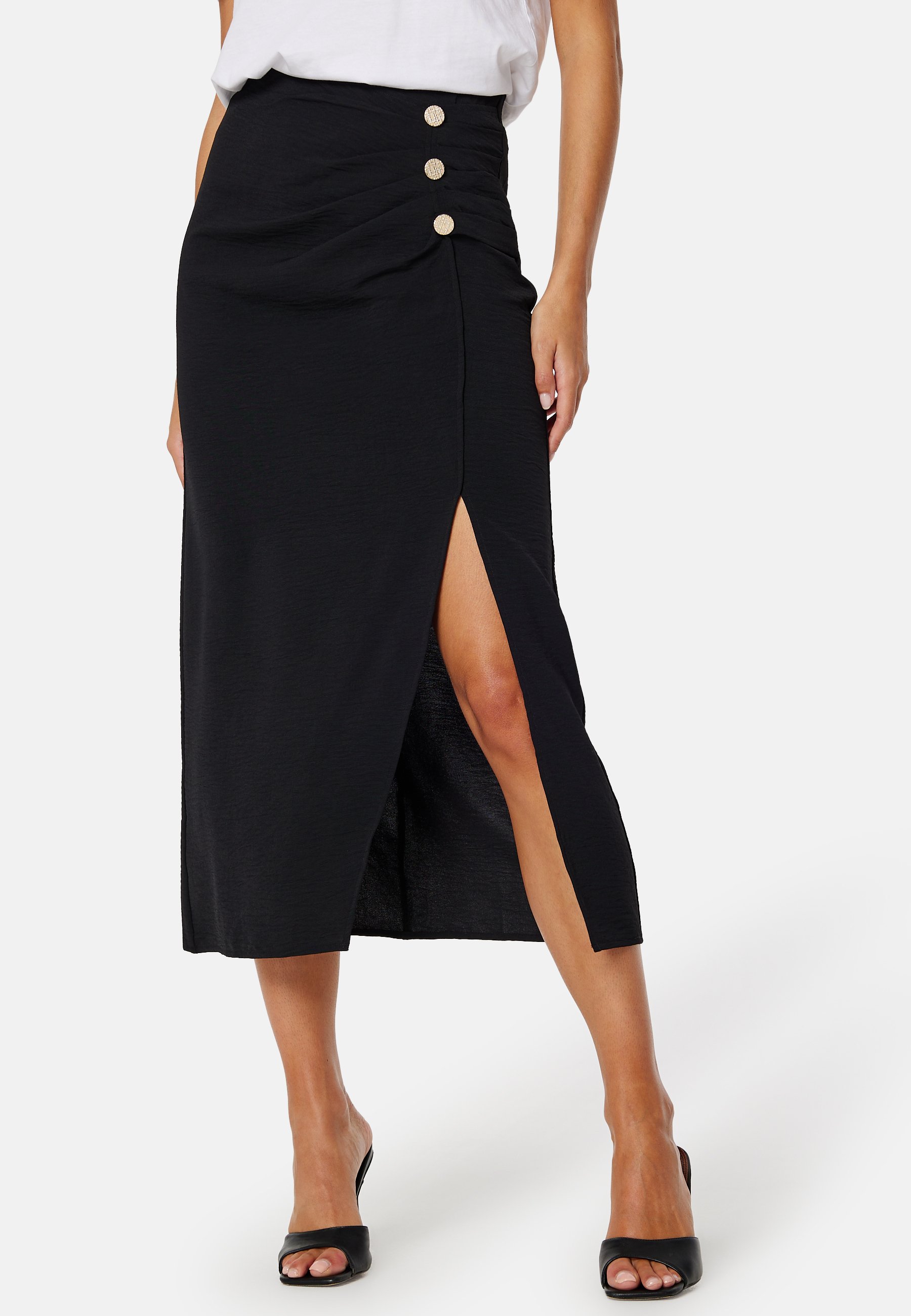 Midi Rok Zwarte Rok Split Bubbleroom MIDI WRAP BUTTON SKIRT