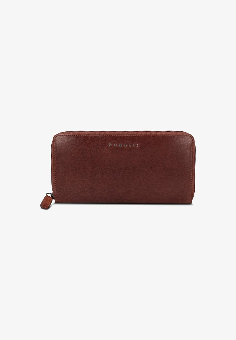 Brown leather wallet with a smooth texture, zip closure, and silver embossed logo. Features a rectangular shape and minimalistic design.