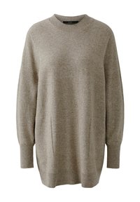 Hellbrauner Strickpullover mit Rundhalsausschnitt, langen Ärmeln und gerippten Bündchen; ausgestattet mit Seitentaschen und einem lässigen, lockeren Schnitt.