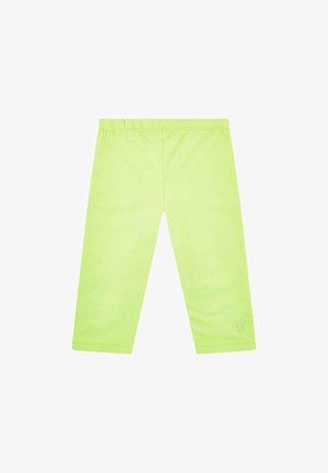 Leggings de neón verde hechos de tela elástica, con cintura elástica y un pequeño logo en la parte baja de la pierna. Ajuste ceñido y longitud recortada.