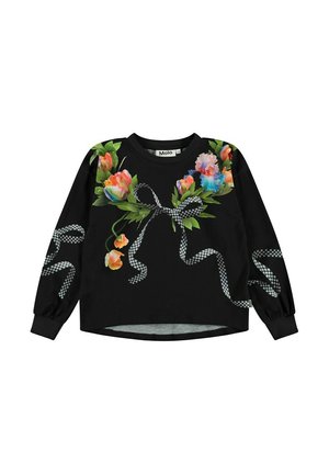 Svart sweatshirt med färgglada blommönster på frampartiet, prydd med rutiga band på ärmarna och nederkanten. Långa ärmar, rundad halsringning.