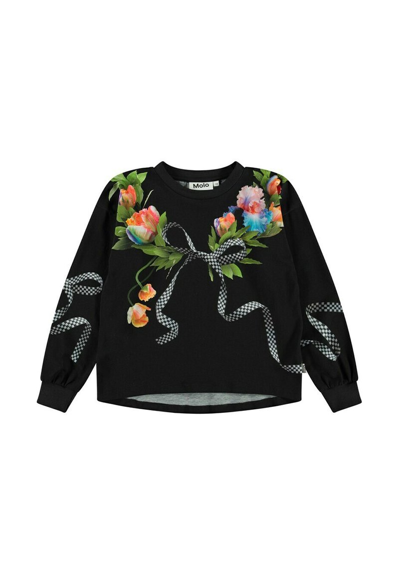 Felpa nera con design floreali colorati sul davanti, con accenti di nastro a quadretti sulle maniche e sull'orlo. Maniche lunghe, colletto rotondo.