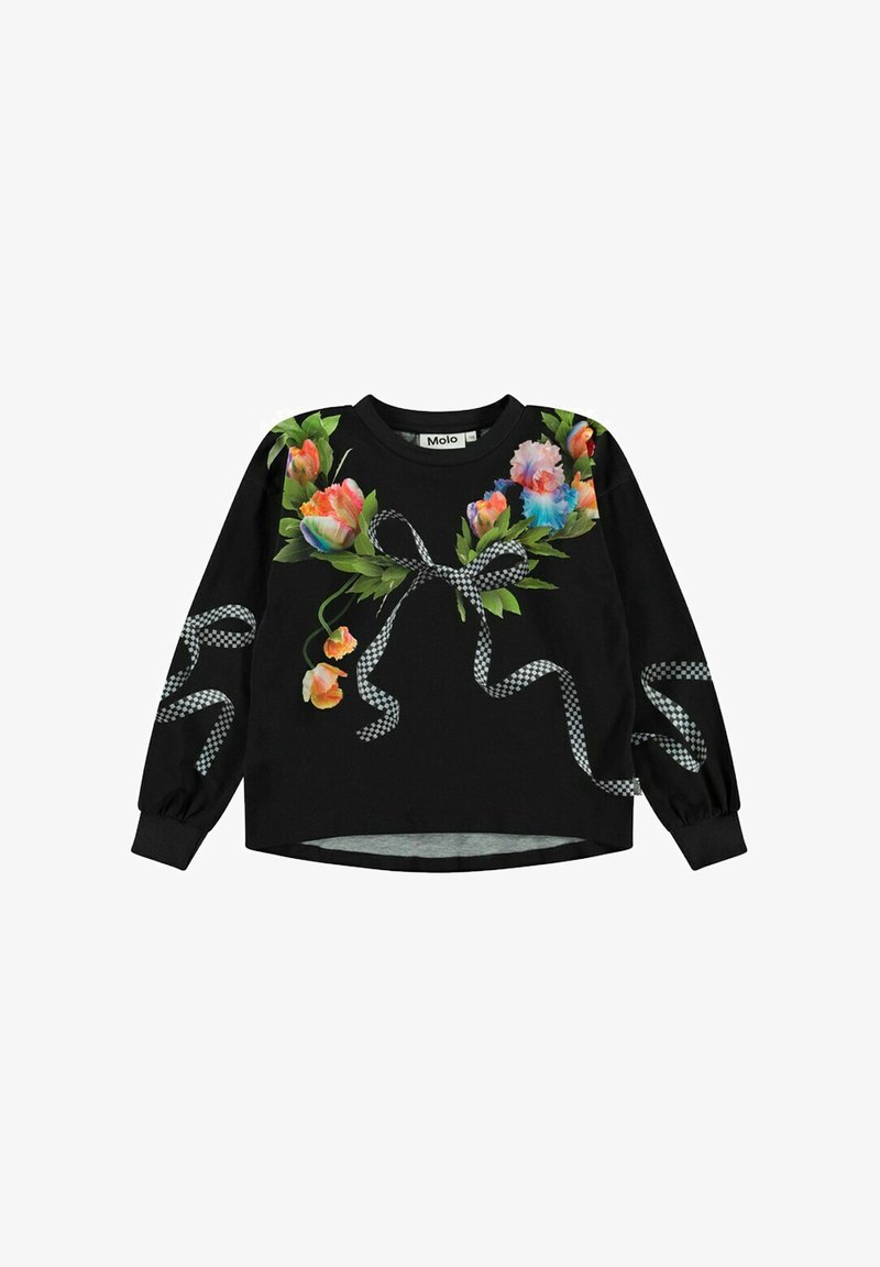 Felpa nera con design floreali colorati sul davanti, con accenti di nastro a quadretti sulle maniche e sull'orlo. Maniche lunghe, colletto rotondo.