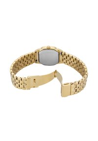 Gold Edelstahlarmbanduhr mit einem achteckigen Gehäuse, gliedertem Armband und einem Klappverschluss. Auf der Rückseite sind eingravierte Markeninformationen zu sehen.
