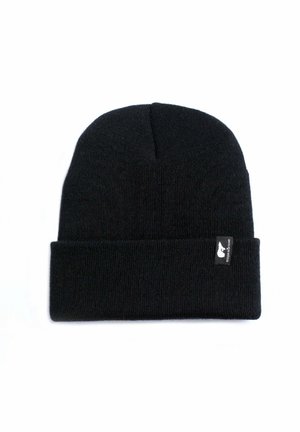 Black knit beanie with a folded cuff. Made of soft fabric with a smooth texture. Features a small branded tag on the side.