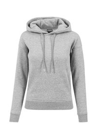Sudadera de manga larga gris claro con cordones en la parte delantera, puños y dobladillo acanalados, que presenta una textura de tela suave y un corte informal.