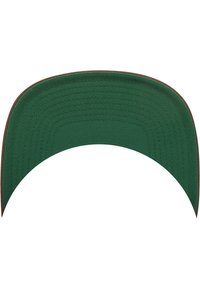 Groene gebogen rand pet van textuurstof, met een bruine accenten aan de rand van de rand. De onderkant is een effen groene kleur.