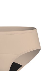 Beige stretch cotton bikini with a high waistband, smooth texture, and contrast black interior lining. Seam detailing along the edges.