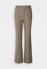 Pantalon à carreaux marron taille haute avec coupe droite, fermeture à boutons et passants pour ceinture, présenté sur un fond blanc.