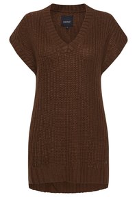 Pull en laine marron avec un col en V, des manches courtes et un ourlet côtelé. Coupe décontractée et tissu texturé. Étiquette de logo sur le devant.
