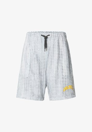 Lichtgrijze meshshorts met elastische tailleband, zwart trekkoord en gele "COLOCA" tekst op het linkeronderbeen.
