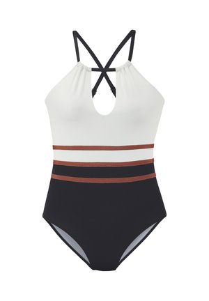 Weißer und schwarzer Einteiler mit gekreuzten schwarzen Schulterträgern und braunen horizontalen Streifen an der Taille.
