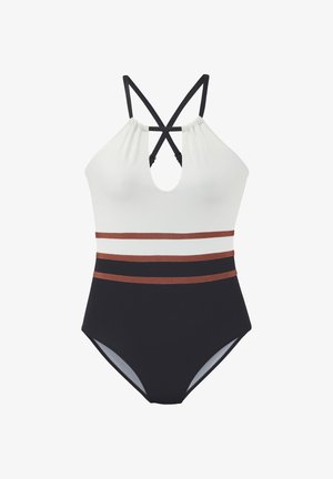 Weißer und schwarzer Einteiler mit gekreuzten schwarzen Schulterträgern und braunen horizontalen Streifen an der Taille.
