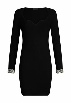 Black knitted dress with long sleeves, deep square neckline, and embellished cuffs featuring silver bead detailing. Form-fitting design.