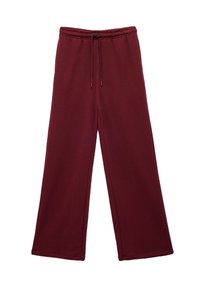 Pantalones anchos color burdeos con cintura elástica y cordón, hechos de una tela suave, mostrados sobre un fondo blanco.