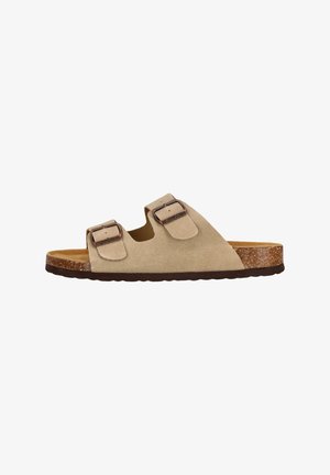 Suedet sandaler i beige med to justerbare stropper, kork sål og tekstureret brun bund. Har metalspænder for en sikker pasform.