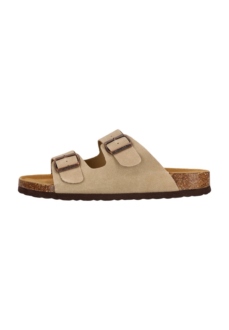 Beige mockasinsandal med två justerbara remmar, korkfotbädd och texturerad brun sula. Har metallspännen för en säker passform.