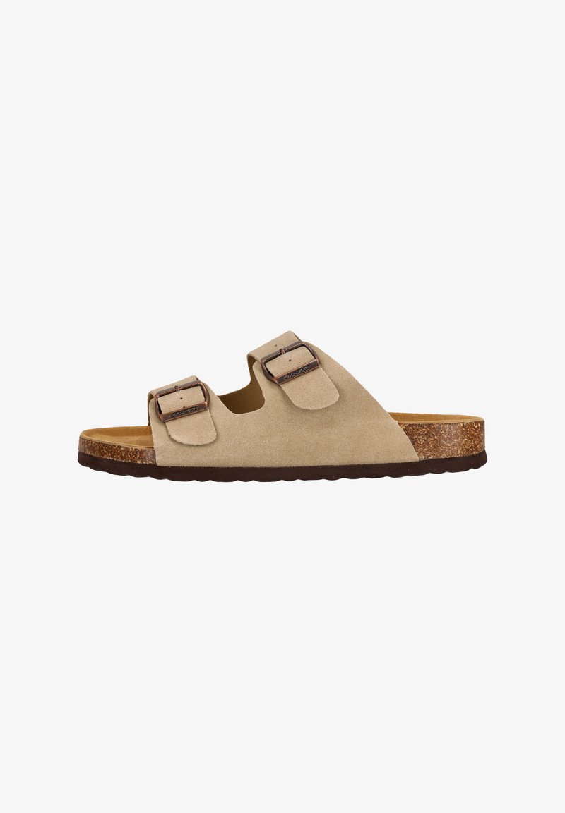 Sandale en suède beige avec deux bandes réglables, semelle en liège et semelle brune texturée. Équipée de boucles en métal pour un ajustement sécurisé.