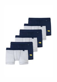 Sechs Paare Jungen-Boxershorts, abwechselnd in Navyblau und Weiß mit dünnen marineblauen Streifen, jeweils mit einem kleinen gelben Baufahrzeug-Logo.