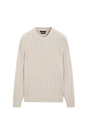 Hellbeiger, gestrickter Pullover mit texturiertem Zopfmuster, rundem Ausschnitt sowie gerippten Bündchen und Saum. Weiches, atmungsaktives Material.