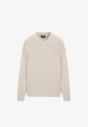 Hellbeiger, gestrickter Pullover mit texturiertem Zopfmuster, rundem Ausschnitt sowie gerippten Bündchen und Saum. Weiches, atmungsaktives Material.