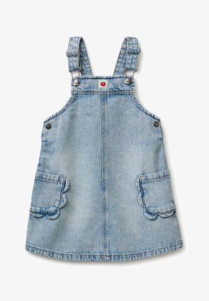 Světle modré denimové šaty s laclem pro děti, s kapsami s klopami se zvlněným okrajem a nastavitelnými popruhy s přezkou.