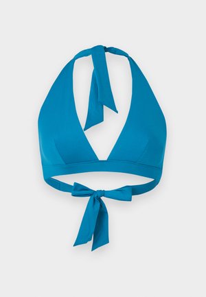 Blue halter bikini top with wide straps tying at neck and back, featuring a deep V neckline and smooth fabric.