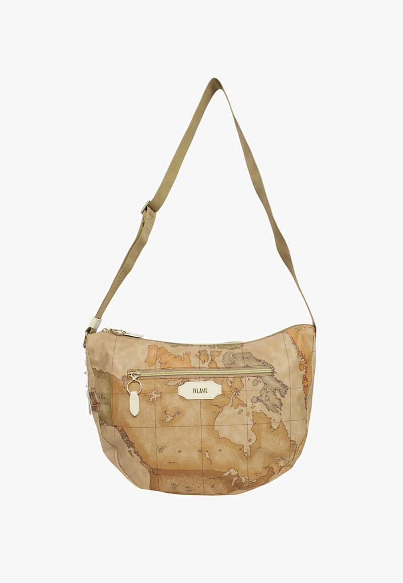 Borse a spalla con stampa mappa beige, dotata di chiusura superiore a zip, tasca frontale e tracolla removibile per opzioni di trasporto versatili.