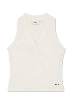 Ärmelloses weißes FILA-Sportoberteil mit V-Ausschnitt und kleinem FILA-Logo nahe dem unteren Saum vor schlicht weißem Hintergrund.