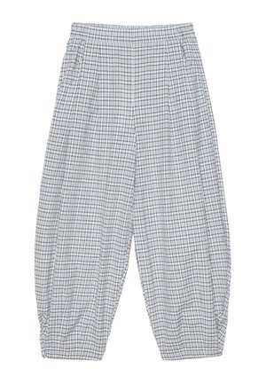 Pantaloni larghi alla caviglia con sfondo bianco e motivo a quadretti sottili neri, marroni e blu, con vita e polsini elasticizzati.