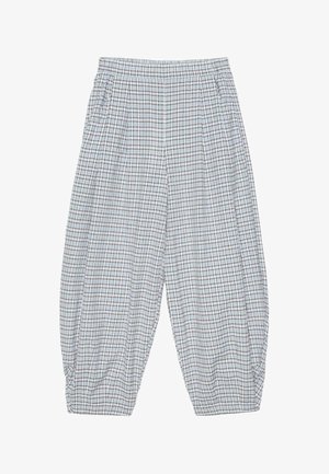 Pantaloni larghi alla caviglia con sfondo bianco e motivo a quadretti sottili neri, marroni e blu, con vita e polsini elasticizzati.