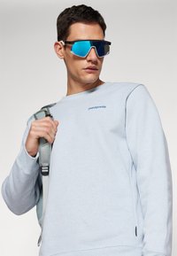 Hanorac de culoare albastru deschis, cu guler rotund și manșete ribbate, având un mic logo Patagonia. Ochelari de soare mari, reflectorizanți și o curea gri.