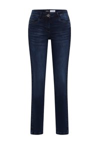 Tummansiniset farkut, joissa on istuva leikkaus, suorat lahkeet, etutaskut, nappikiinnitys ja hienovaraiset haalistumisefektit kankaassa.