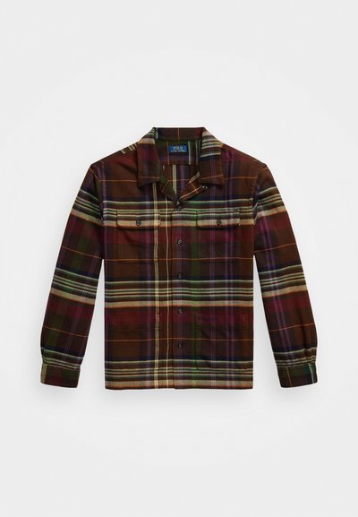 Geruite lange mouwen shirt in donkerbruin, met groene, paarse en oranje strepen, twee borstzakken en een button-down kraag.