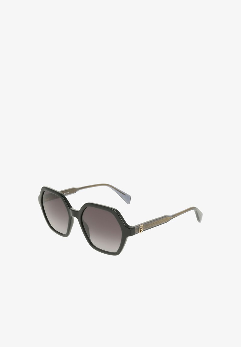 Lunettes de soleil octogonales avec montures vert foncé et verres dégradés gris. Des détails dorés sur les branches ajoutent un contraste élégant au design épuré.