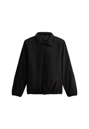 Black lightweight jacket with a collared neck, snap button front, elastic cuffs, and hem, featuring two side pockets and a smooth fabric texture.