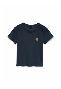 Marineblå T-shirt med korte ærmer lavet af bomuld, med en rund halsudskæring og en lille brun tøjdyr broderet på venstre bryst.