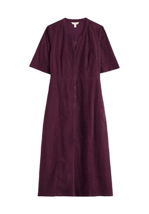 Abito midi color bordeaux con maniche corte, dotato di scollatura a V e chiusura con bottoni davanti. Realizzato in un morbido tessuto testurizzato con corsetto attillato.