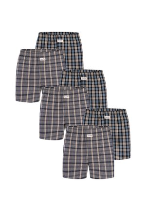Seks par ternede herre-boksershorts i skiftende mørkeblå og grå farvemønstre med elastiske linninger og små mærkelapper i midten.