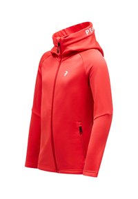 Felpa rossa con zip e colletto alto, maniche lunghe e una piccola tasca. Presenta un tessuto morbido e un logo sul colletto.