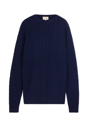 Pull bleu marine à col rond en maille torsadée, manches longues, poignets et bas côtelés, étiqueté Gobi.