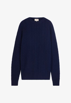 Pull bleu marine à col rond en maille torsadée, manches longues, poignets et bas côtelés, étiqueté Gobi.